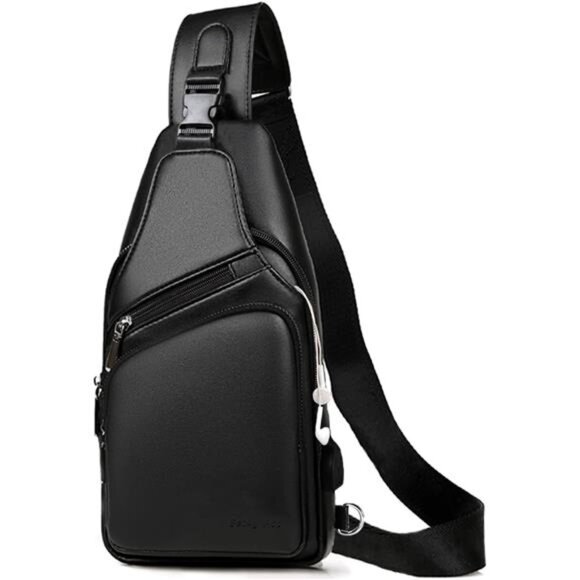 NEW Black Leather Waterproof Sling Crossbody Bag w/USB Port